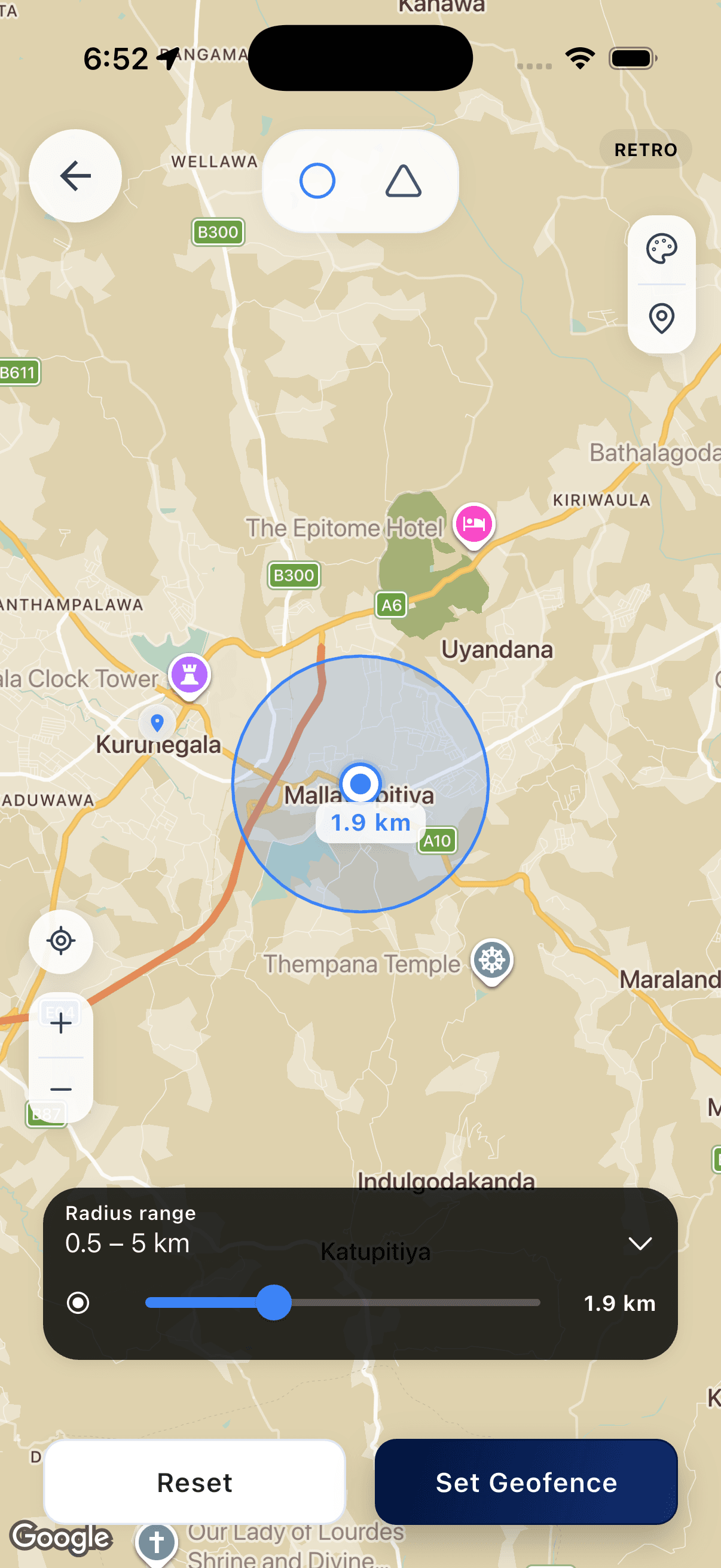 Geofences & POIs mobile app screen