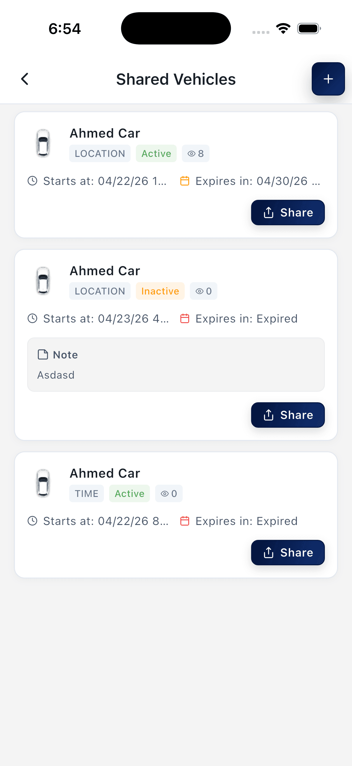 Vehicle Sharing mobile app screen