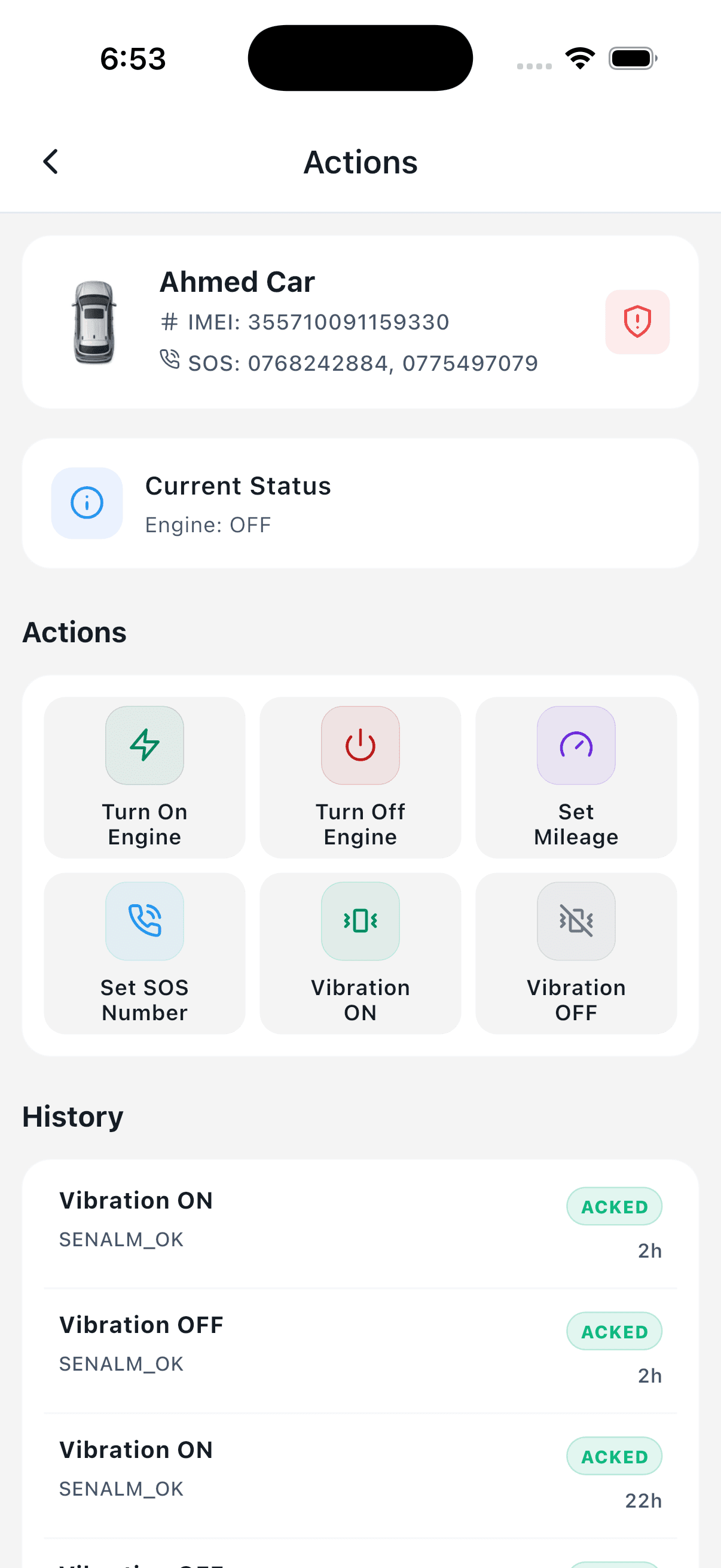 Vehicle Control mobile app screen